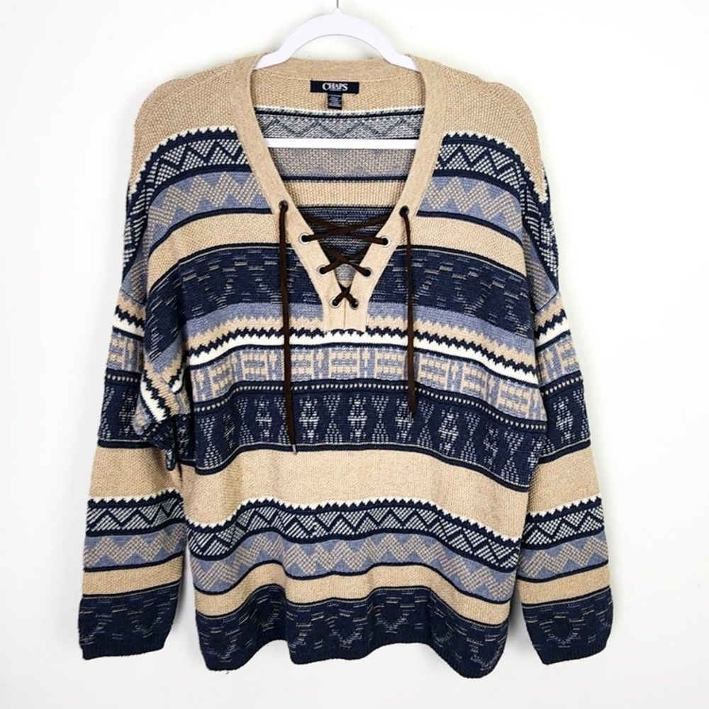 Chaps Women's Tan Blue‎ Geometric Print Lace Up V Neck Sweater PXL - Picture 2 of 7